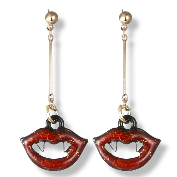 Bundle 2 pairs 1 red 1 pink sparkly crystal vampire teeth lips earrings - Picture 10 of 12